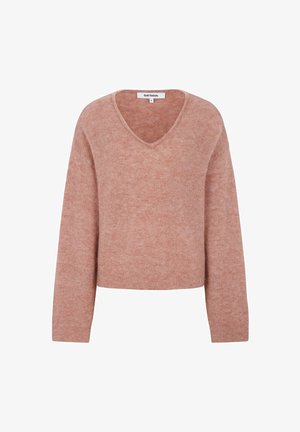 Rosa sweater lavet af blødt materiale, med V-hals, lange ærmer og et cropped design med subtil tekstur.
