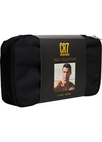 Mustapukuinen vetoketjullinen pussukka, joka sisältää CR7 Gold Collection 5-pakkauksen alushousuja. Etupuolella on mallikuva ja teksti, jossa kerrotaan tuotteesta ja brändistä.