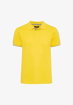Żółta koszulka polo z teksturowanej tkaniny, z kołnierzykiem, krótkimi rękawami w szarym kolorze i małym logo na klatce piersiowej.