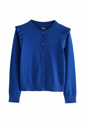 Blau gestrickte Strickjacke mit langen Ärmeln, Rundhalsausschnitt, vorderen Knöpfen und Rüschendetail entlang der Schultern. Weiche Textur.