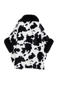 Cappotto in pelliccia sintetica con stampa maculata bianca e nera, dotato di colletto a scialle e maniche corte, con texture morbida e silhouette oversize.