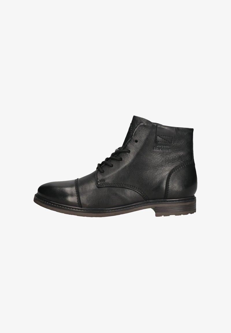 Black leather ankle boots with round toe, lace-up design, stitched accents, and a low stacked heel. Smooth texture and understated branding.