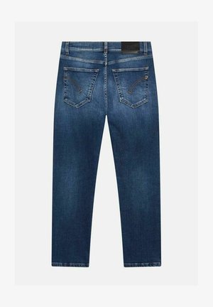 Jeans in denim blu scuro con taglio dritto. Presentano due tasche posteriori con cuciture curve e un'etichetta con marchio sulla cintura.