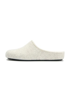 Soft white felt slip-on slipper with closed toe and black sole, shown in side profile on white background.