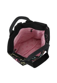 Borsa a tote multicolore in tela con esterno nero e fodera interna rosa caratterizzata da motivi di Hello Kitty. Dotata di chiusura con zip e manici in tessuto.