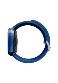 Orologio smartwatch blu con cassa rotonda, cinturino in silicone e finiture in argento. Caratterizzato da un touchscreen e una superficie liscia.