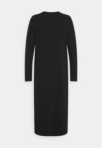 Robe midi noire à manches longues, coupe droite et encolure ronde, vue de dos sur un fond uni gris clair.