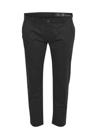 Sorte bomuldsblandede bukser med slim fit, der har lynlås i front, knaplukning og forside lommer. Glat tekstur og lige ben design.