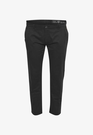 Crne hlače od pamučne mješavine uskog kroja, s patentnim zatvaračem, kopčom na gumbi i prednjim džepovima. Glatka tekstura i ravni kroj nogavica.