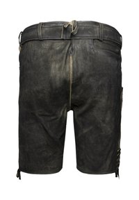 Svarta lädershorts med en lätt sliten textur, med dragsko i midjan, sidofickor och snörningsdetalj i fållen.