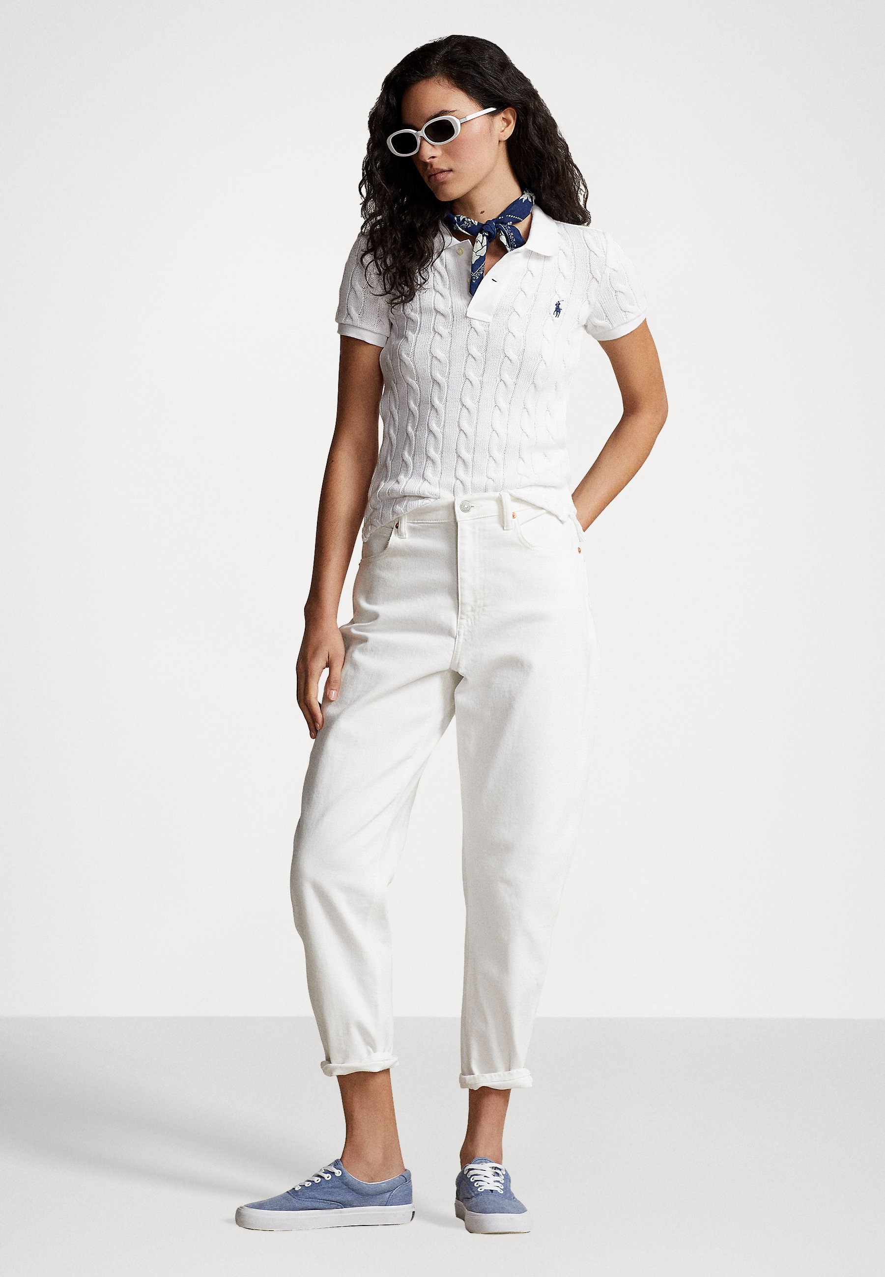 Polo Ralph Lauren CABLE KNIT POLO SHIRT - Bluză polo - white/alb