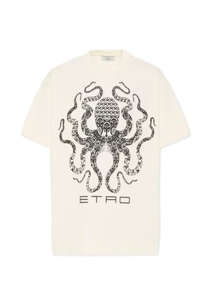 Camiseta blanca de manga corta con un diseño intrincado de un pulpo negro y el texto "ETRO" centrado debajo del gráfico en la parte delantera.