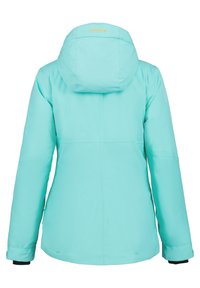 Veste isolante bleu aqua avec capuche, dotée de manches longues et d'une texture lisse. Logo près de l'encolure avec des détails de couture minimalistes.