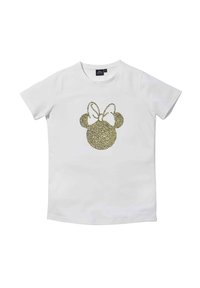 Weißes Baumwoll-T-Shirt mit einem glitzernden goldenen Mickey-Mouse-Kopfdesign mit Schleife. Kurzärmel und ein klassischer Rundhalsausschnitt.