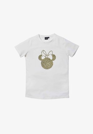 Camiseta de algodón blanca con un diseño de cabeza de Mickey Mouse brillante en oro y un lazo. Manga corta y estilo de cuello redondo clásico.
