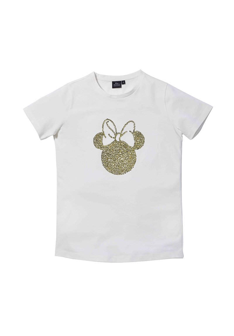 Weißes Baumwoll-T-Shirt mit einem glitzernden goldenen Mickey-Mouse-Kopfdesign mit Schleife. Kurzärmel und ein klassischer Rundhalsausschnitt.