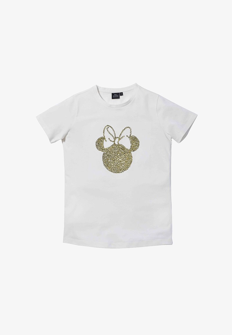 Camiseta de algodón blanca con un diseño de cabeza de Mickey Mouse brillante en oro y un lazo. Manga corta y estilo de cuello redondo clásico.