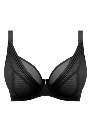 Soutien-gorge noir avec un superposition en maille, présentant un motif géométrique, un soutien en armature, des bonnets lisses et des bretelles réglables avec un accent central doré.