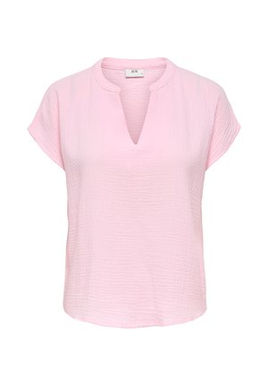 Lys rosa kortermet bluse med teksturert stoff og rund hals med V-utskjæring, vist på hvit bakgrunn.