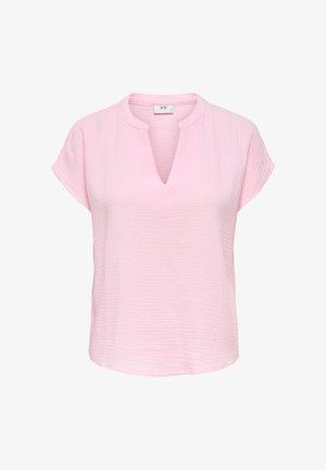 Blusa de manga corta color rosa claro con tela texturizada y escote redondo en forma de V, mostrada sobre un fondo blanco.