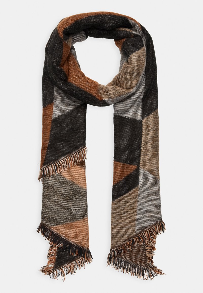 Sciarpa tessuta con motivo geometrico nelle tonalità di marrone, grigio e nero. Presenta estremità sfrangiate che aggiungono texture e dettaglio di design.