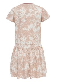 Kortärmad klänning med blommönster i rosa och vitt. Har en samlad midja och en utsvängd kjol. Mjuk bomullsmaterial.