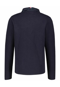 Pull bleu marine à manches longues avec un col et de discrètes rayures rouges et blanches au niveau de l'encolure arrière, vu de l'arrière.