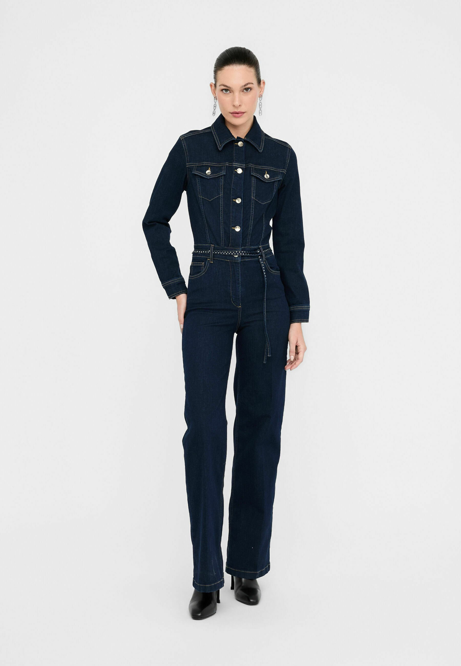Combinaison Femme Ample Ceinturée - Manches Longues, Col Rond, Jambe Large - Polyester Doux, Style Décontracté Automne-hiver