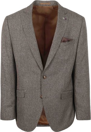 Brown tweed jacket with a notched collar, two buttons, and side pockets. Lined with brown fabric; features a chest pocket with a silk accent.
