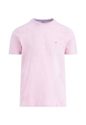 Koszulka z krótkim rękawem i okrągłym dekoltem w jasnoróżowym kolorze z subtelnym niebieskim logo na piersi. Miękka tekstura, luźny krój i bez wzorów.