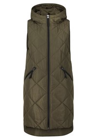 Quilted long vest in dark olive green with a hood, front zipper, and two zippered side pockets. Smooth texture with a sleek design.