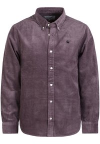 Purple corduroy shirt with long sleeves, button-down collar, white buttons, and a small embroidered logo on the chest.