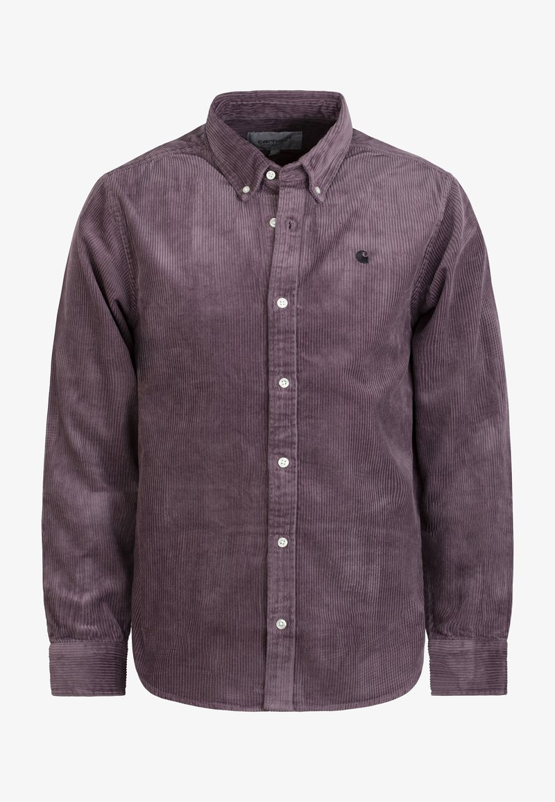 Purple corduroy shirt with long sleeves, button-down collar, white buttons, and a small embroidered logo on the chest.