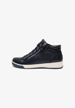 Black leather high-top sneaker with side zipper, laces, padded collar, and white rubber sole with gray tread.