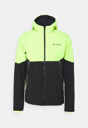 Veste d'extérieur à capuche de couleur vert citron haute visibilité et noire, avec fermeture éclair intégrale, deux poches zippées et logo VAUDE sur la poitrine.