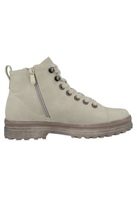 Graue Wildlederstiefelette mit runder Zehenform, ausgestattet mit einem seitlichen Reißverschluss, Schnürsenkeln und einer strukturierten Gummisohle mit einem leichten Absatz.