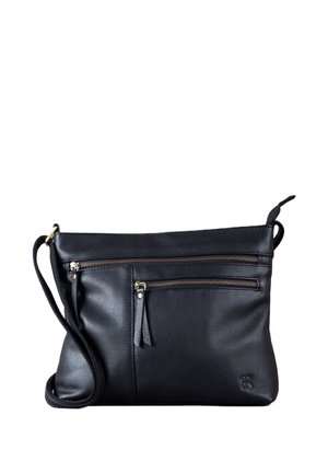 Black leather crossbody bag with two front zippered pockets and a detachable strap. Smooth texture and gold-tone hardware accents.
