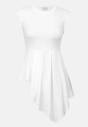 White asymmetrical top with a fitted bodice and flared bottom. Made of smooth fabric with short cap sleeves and a rounded neckline.