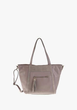 Sac en toile en cuir et suède taupe avec doubles poignées, une bandoulière amovible, poche zippée à l'avant et tirette à frange.