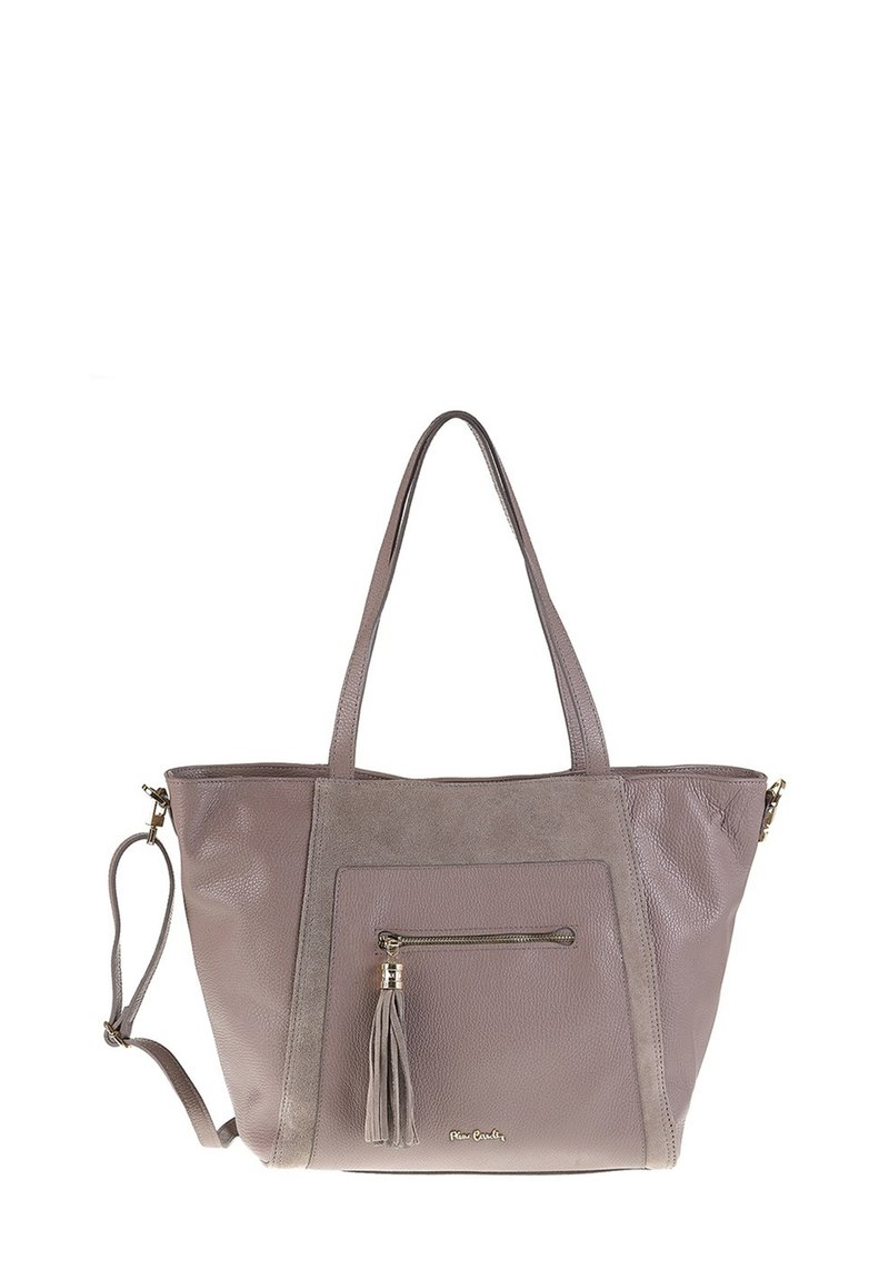 Borsa a tote in pelle e suede color taupe con doppio manico, tracolla rimovibile, tasca frontale con zip e zip con pon-pon.