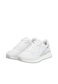 White sneakers with a combination of leather and textile materials. Features a textured design, lace-up closure, and rubber sole.