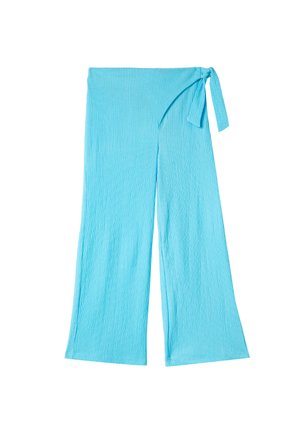 Helle blaue, leichte Wickelhose aus strukturiertem Stoff, mit einem weiten Bein-Design und einem Bindeschnürdetail an der Taille zur Schließung.