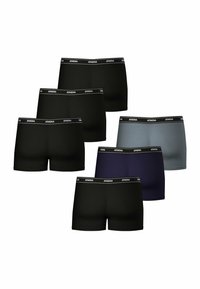 Ensemble de six boxers en coton pour femmes. Comprend quatre paires noires, une paire bleu marine et une paire gris clair. Caractéristiques : design uni avec une taille élastique logo.