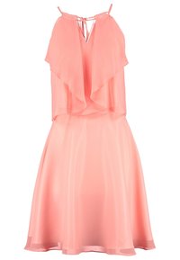 Robe en chiffon rose pâle sans manches avec un volant superposé sur le corsage, fermeture par lien au niveau de l'encolure, et une jupe fluide en ligne A.