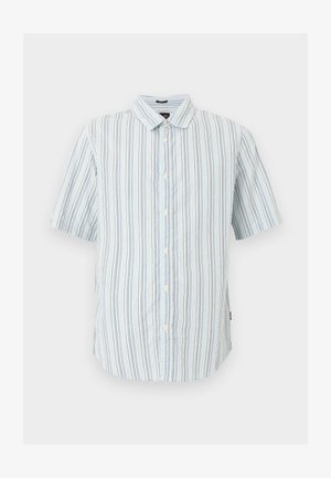 Srajca s kratkimi rokavi z navpičnimi belimi in svetlo modrimi črtami, širokim ovratnikom in belimi gumbi spredaj.