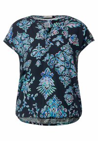 Marinblus med kort ärm och ett abstrakt blommönster i teal, rosa och grönt. Har en subtil krage och rundad nederkant.