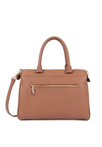 Sac à main en cuir tan avec un design structuré, des anses supérieures, une bandoulière amovible, et une poche zippée à l'avant avec des accents en métal doré.