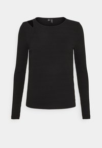 Mustapaita pitkillä hihoilla, jossa on ribbikangasta, avara kaula-aukko ja vasemmassa olkapäässä leikkaustyyny, sekä muotoonomistettu siluetti.