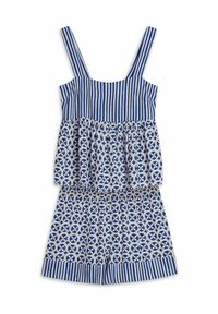 Niebieski i biały kombinezon z wzorem w pionowe paski na górze oraz powtarzającym się okrągłym wzorem na szortach. Wykonany z lekkiego materiału.
