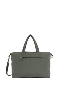 Borsa a tote verde oliva realizzata in tessuto resistente, con due manici superiori e una tracolla rimovibile. Include una tasca frontale con zip.